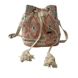 Roxy Boho Cream Drawstring Backpack with Coral & Teal Diamond Pattern
